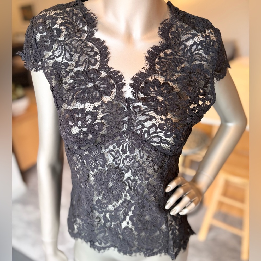 Black Lace V Neck Cap Sleeve Top